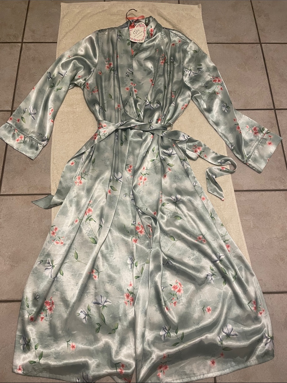 Inner Most Satin Light Sage Floral Long Robe